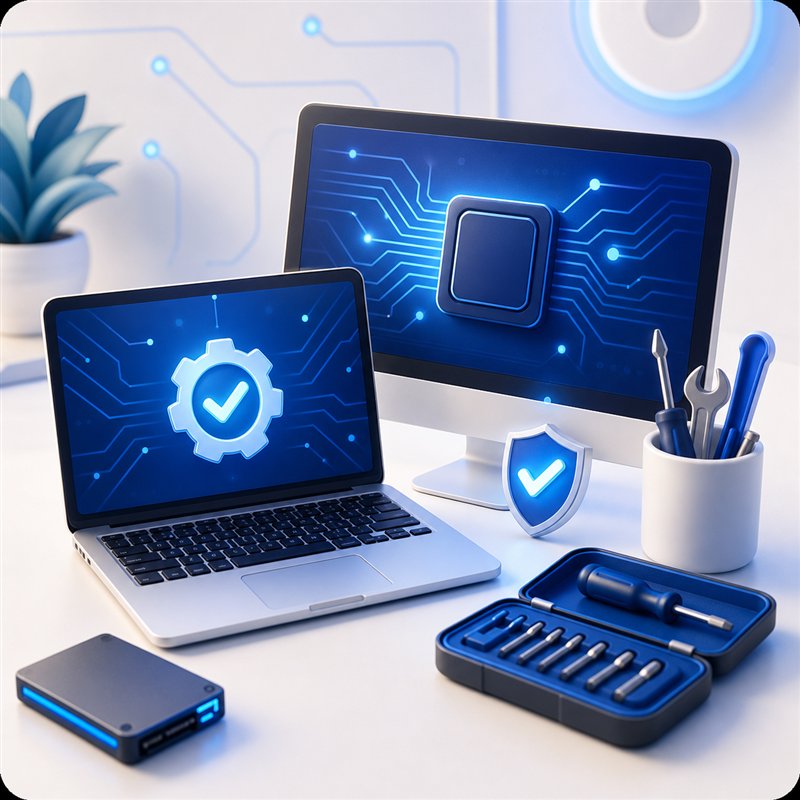 3D illustration of laptop and desktop computer diagnostics