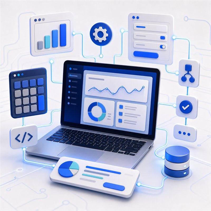 3D illustration of custom dashboard, calculator, forms, and workflow tools