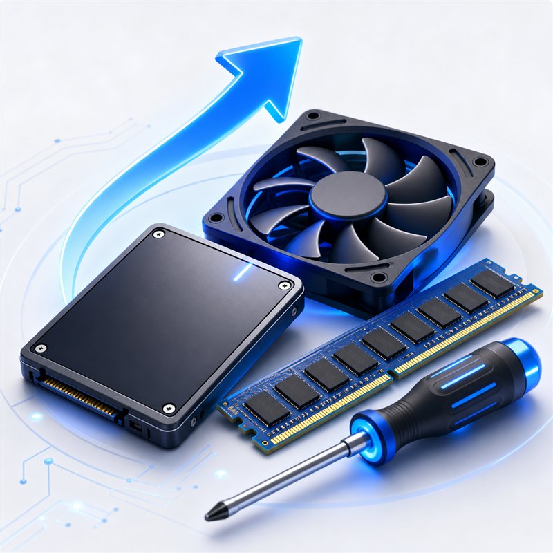 3D illustration of SSD, RAM, cooling fan, and screwdriver