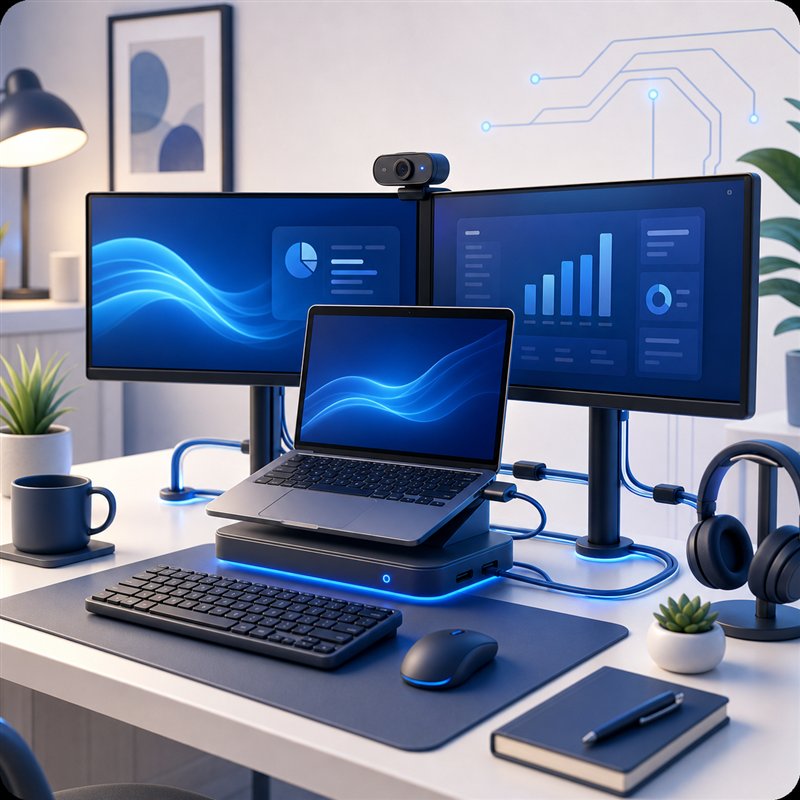 3D illustration of home office laptop, dual monitors, webcam, and dock