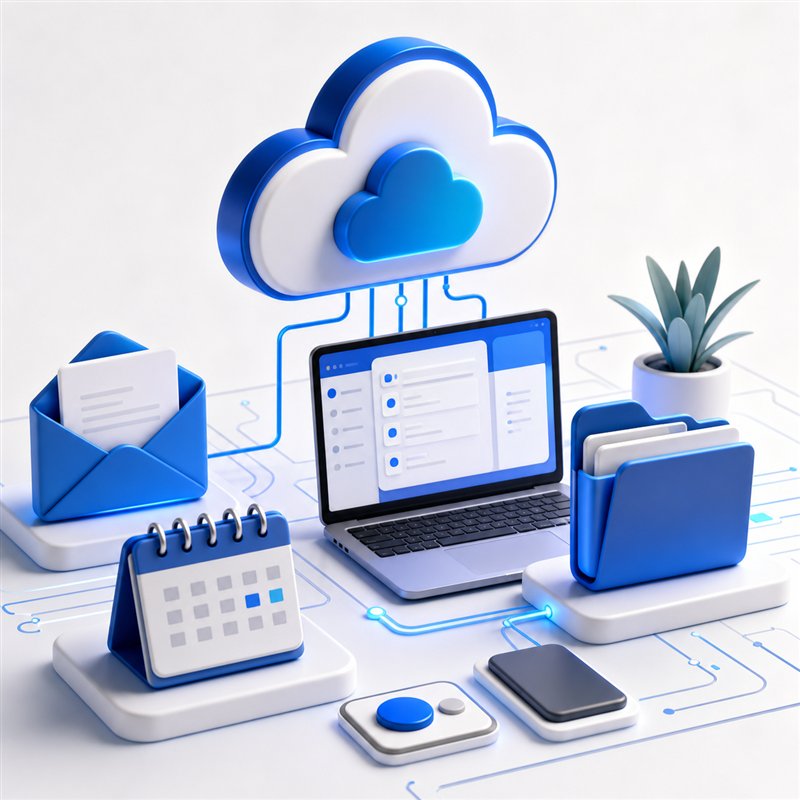 3D illustration of cloud files, email, calendar, and productivity workflow