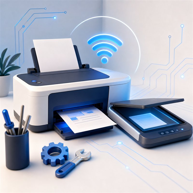 3D illustration of wireless printer and scanner support