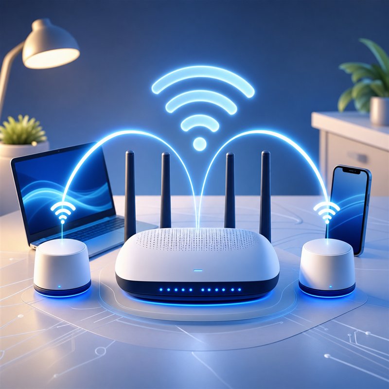 3D illustration of router, mesh Wi-Fi nodes, and connected devices