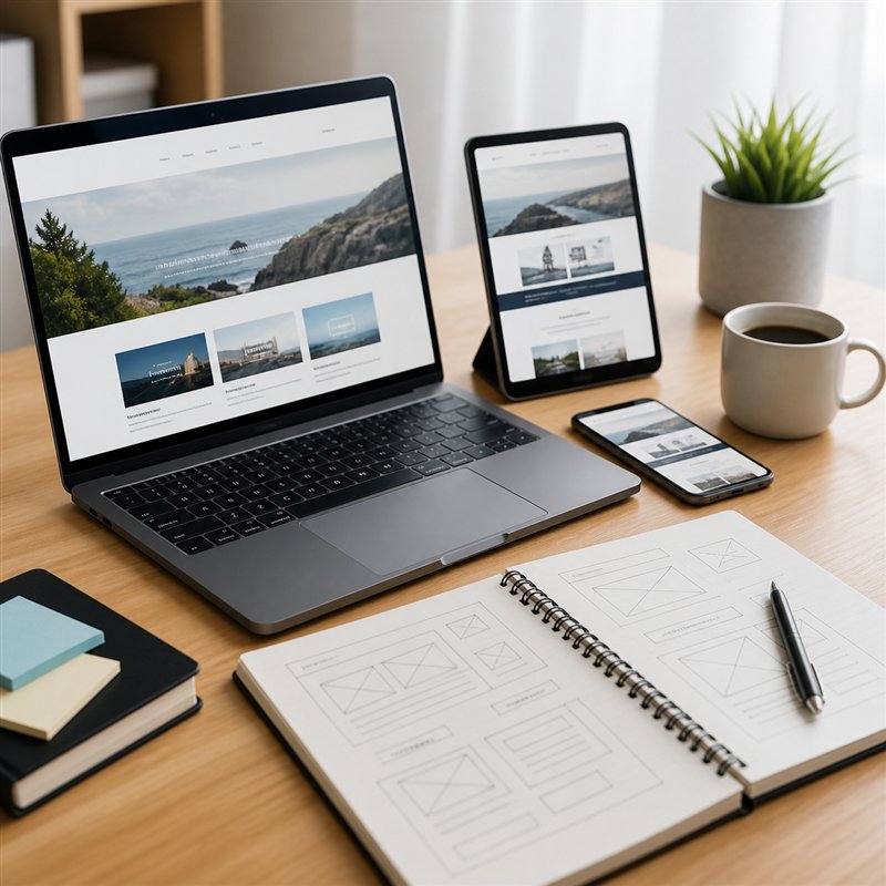 Laptop and mobile screens showing a clean website planning workspace