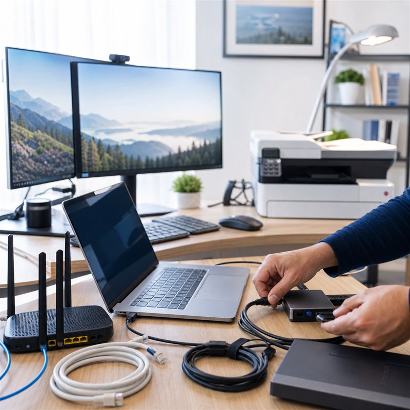 Home office technology visit with laptop, monitors, router, and cables