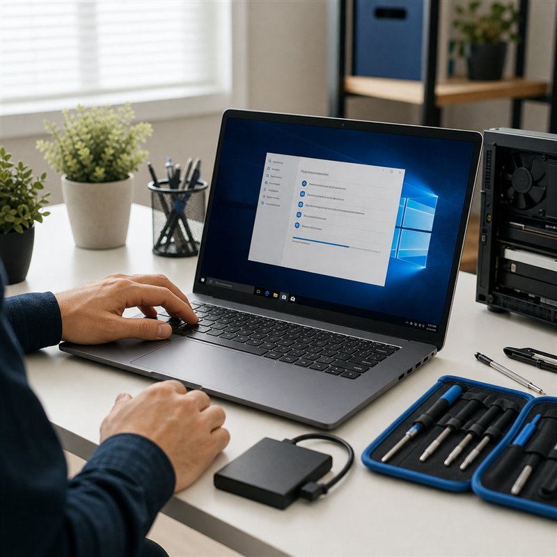 Laptop diagnostics and repair tools on a clean office desk