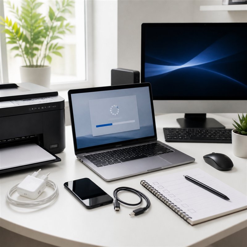 New laptop, monitor, printer, and phone prepared for setup