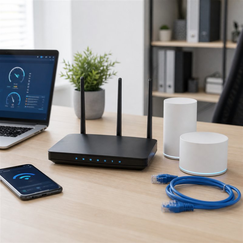 Router and mesh Wi-Fi equipment being tested on a desk